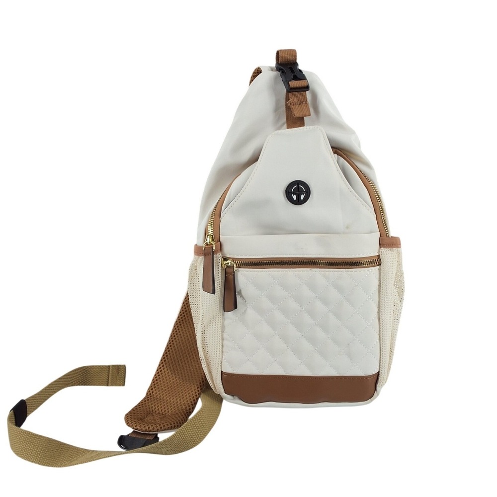 Cream Quilted Nylon Sling Bag Unisex Crossbody Backpack Headphone Port